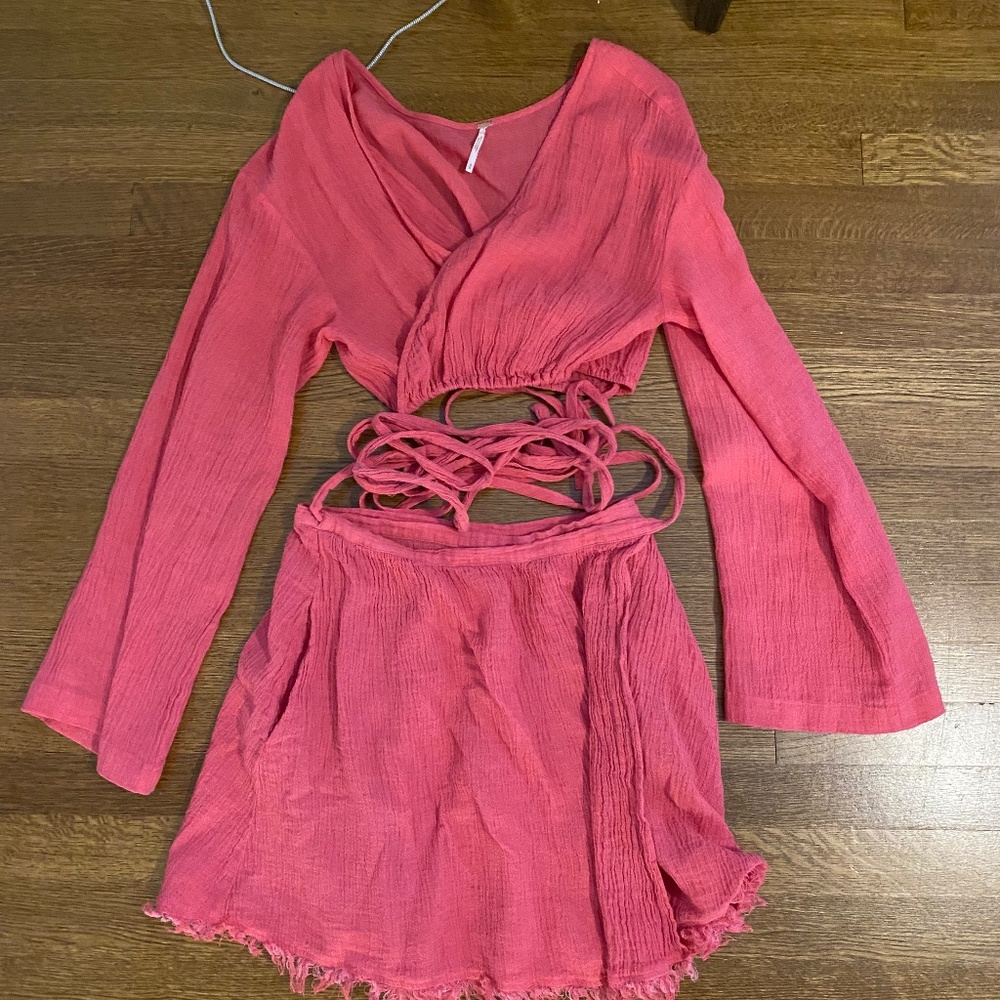 flowy, pink, free people skirt set, M